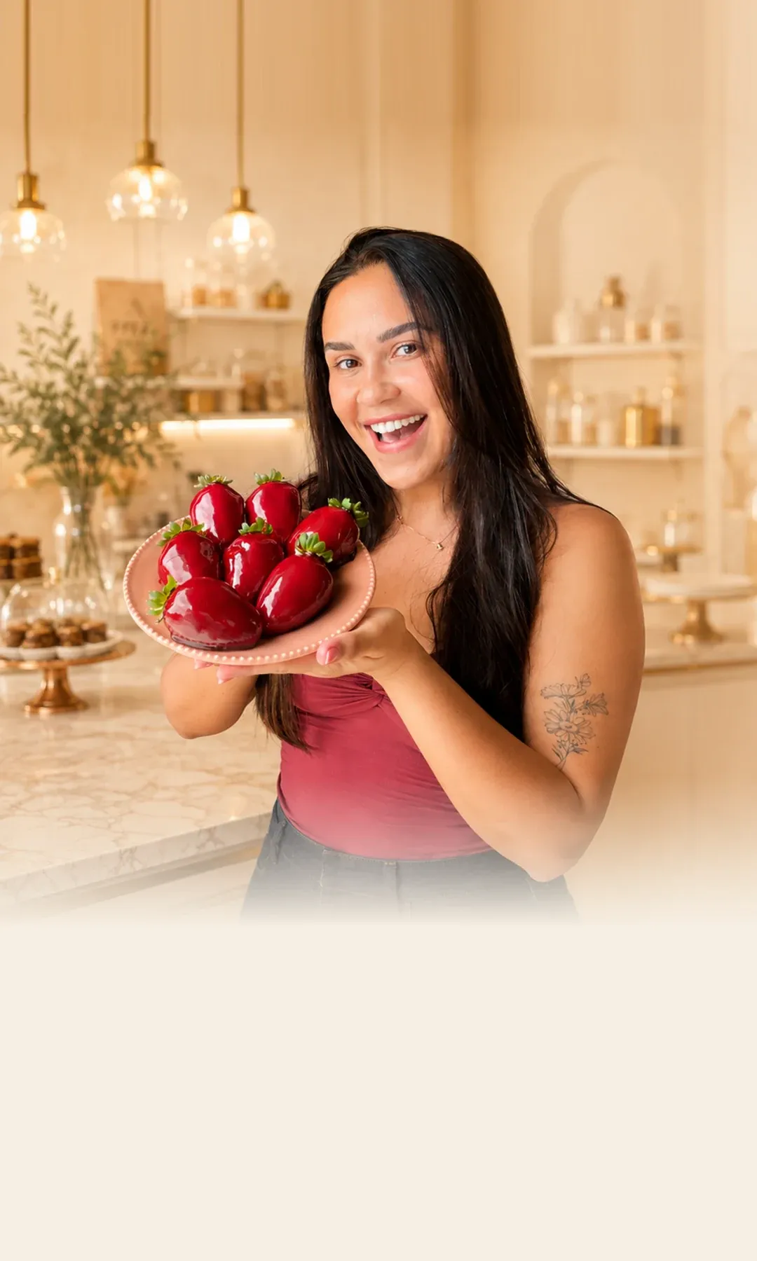 Letícia, da Docinhos da Lê, sorrindo com um prato de morangos do amor